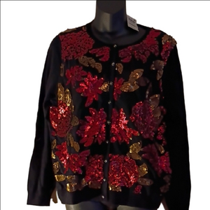 Charter Club NWT Black Cardigan with Red Sequins. Size Petite Large.